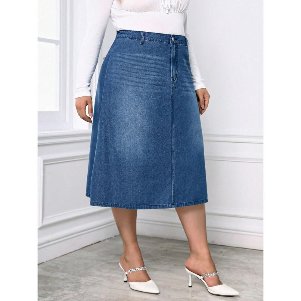 Women's Plus Size Jean Midi Skirt High Waisted A-Line Casual Comfort - Picture 3 of 6